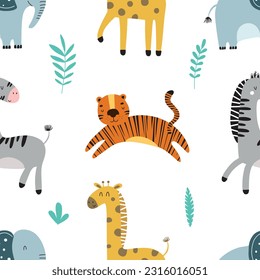 Cute vector seamless pattern with safari animals, elephant, tiger, giraffe, zebra and tropical plants. Endless background in childish style for fabric, textile, kids