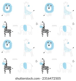 Cute vector seamless pattern with safari animals, elephant, Zebra, lion, giraffe.