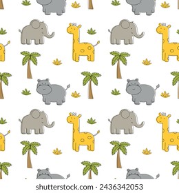 Cute vector seamless pattern with safari animals, elephant, hippo, giraffe and tropical plants, flat style. African animals. Hand drawn, doodle, Scandinavian vector illustration.