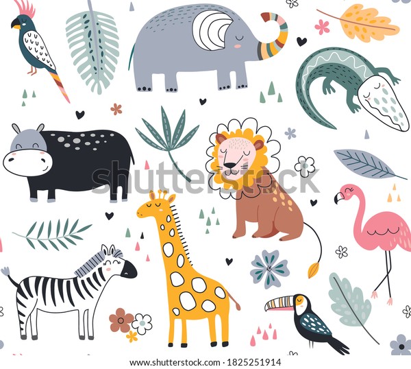 Cute vector seamless pattern with safari animals,\
elephant, dangerous alligator, wild cat, lion, flamingo, giraffe\
and tropical plants. Endless background in childish style for\
fabric, textile, kids d
