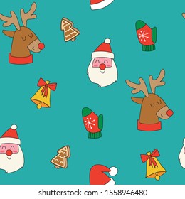 Cute vector  seamless pattern with Santa, reindeer and Christmas elements.