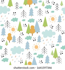 Cute vector seamless pattern in scandinavian style. forest. Pastel colors minimalistic. Background, print, texture, textile packaging. Doodle style