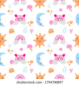 Cute vector seamless pattern in scandinavian hand drawn style. Doodle vector illustration for posters, baby birthday, cards, t-shirts. Colorful nordic kids print.