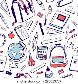 Cute vector seamless pattern with school supplies and accessories on white background. Dark blue lines, light blue and red elements.