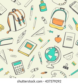 Cute vector seamless pattern with school supplies and accessories on light background. Back to school backdrop. Hand drawn doodle elements and symbols in grey, blue, yellow and orange colors. 