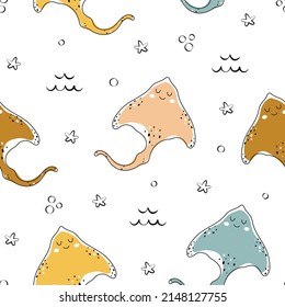 cute vector seamless pattern with sea and ocean inhabitant like starfish and electric stingray isolated on white background, marine life