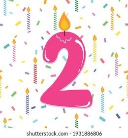 Cute vector seamless pattern for second birthday. Number 2 candle with flame. Vector seamless pattern of candles and colorful confetti on white background. Lovely wallpaper for 2 years old children. 