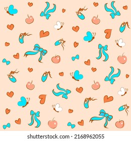 Cute vector seamless pattern, set of simple stylized girly items - bow, ribbon, butterfly, apple and hearts in orange and blue color with brown stroke on soft beige background