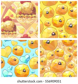 Cute vector seamless pattern set, funny polygonal chicken collection