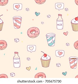 Cute vector seamless pattern set with tasty elements for coffee drink, tea, cupcakes, donuts, milk, sweets and so on