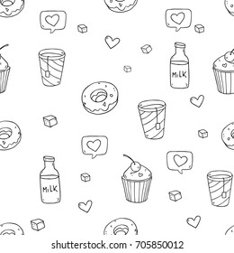 Cute vector seamless pattern set with tasty elements for coffee drink, tea, cupcakes, donuts, milk, sweets and so on