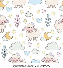 Cute vector seamless pattern with sheep, flowers, moon, clouds and stars on a white background. Suitable for printing on fabric, packaging paper. Children's pattern for clothes