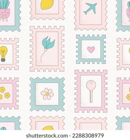 Cute vector seamless pattern with simple mark, stamp for wrapping, wallpaper, package.