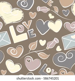 Cute vector seamless pattern. Simple repeating texture with chaotic hearts, rose flower, love letter and text. Stylish hipster texture on a beige background.
