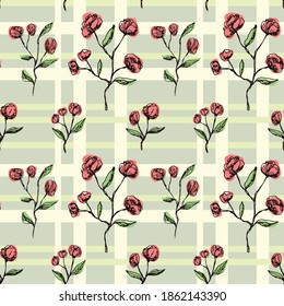 süßes, nahtloses Muster mit einer Skizze aus Blumenästen und einem Käfig. kann als Tapete, Plakat, Druck für Bekleidung, Gewebe, Textilien, Notebooks, Packpapier, Scrapbooking verwendet werden