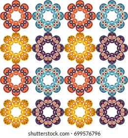 Cute vector seamless pattern with skulls in the shape of flowers for textile, clothing and paper design