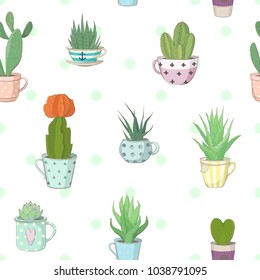 Cute vector seamless pattern with small succulents in different teacups. A small haworthia, aloe vera, echeveria and others. 