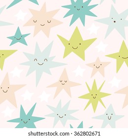 Cute vector seamless pattern with smiley Stars. Funny childish texture
