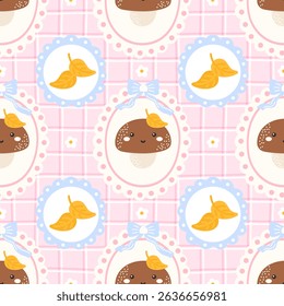Cute vector seamless pattern with smiling mushrooms, floral accents, and cozy autumn vibes. Perfect for childrens clothing and seasonal prints