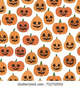 Cute vector seamless pattern with smiling Halloween pumpkins on white background