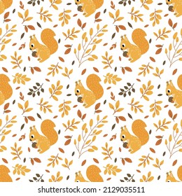 Cute vector seamless pattern with squirrel and leaves. Creative kids texture for fabric, wrapping, textile, wallpaper, apparel. 