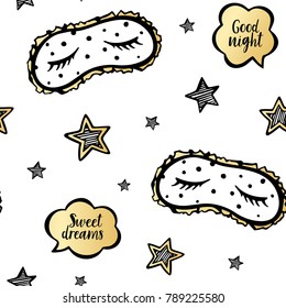 Cute vector seamless pattern with stars. Gold Speech bubbles with words. Good night and sweet dreams. Kids hand drawn illustration for sleep. 