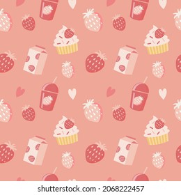 cute vector seamless pattern with strawberries, strawberry cocktails and cupcakes. pattern in pink tones in flat style for printing onto fabric and wrapping paper
