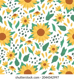 Cute vector seamless pattern with sunflowers and green leaves. Botanical floral concept for design print materials, textile, sketchbook. Yellow flowers on white background