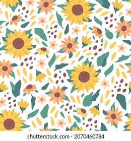 Cute vector seamless pattern with sunflowers, seeds and leaves on white background. Beautiful floral design for fabric and print materials. Yellow and green concept for texture background