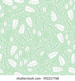 Cute vector seamless pattern with swirls and leaves. Abstract leaf simple summer print. Abstract garden background. Scrapbook paper.