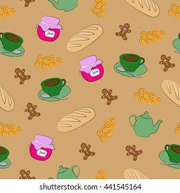 Cute vector seamless pattern with tea and sweets, background with jam, teacup, teapot, french bread, ring-shaped cracknel, perfect illustration for kitchen design, food and drink
