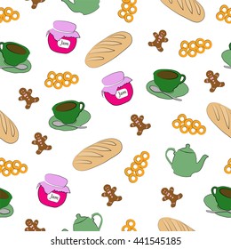 Cute vector seamless pattern with tea and sweets, background with jam, teacup, teapot, french bread, ring-shaped cracknel, perfect illustration for kitchen design, food and drink