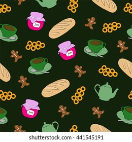 Cute vector seamless pattern with tea and sweets, background with jam, teacup, teapot, french bread, ring-shaped cracknel, perfect illustration for kitchen design, food and drink