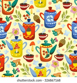 Cute vector seamless pattern of teapots and tea cups and floral elements, cozy pattern, tea time background. 