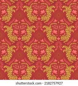 Cute vector seamless pattern with tiger and floral elements. Decorative chinese background for fabrics, textile.