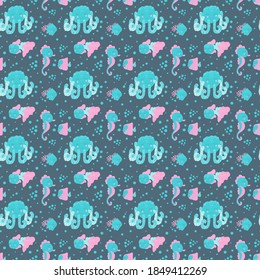 Cute vector seamless pattern for toddlers of cartoon funny marine inhabitants in the Scandinavian style. Smiling octopuses, seahorses and floating fish with bubbles on a dark background. Baby`s design