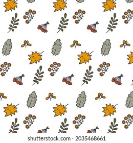 Cute vector seamless pattern. Trendy autumn illustration with funny plants, mushrooms, caterpillars, worms, slug, apples, pumpkins, chestnuts, acorns and other plants. Perfect fall graphic for print.