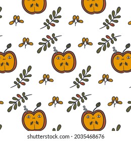 Cute vector seamless pattern. Trendy autumn illustration with funny plants, mushrooms, caterpillars, worms, slug, apples, pumpkins, chestnuts, acorns and other plants. Perfect fall graphic for print.