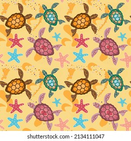 Cute vector seamless pattern turtles with different textures, and colourful. underwater life. Ocean and sea and sand.