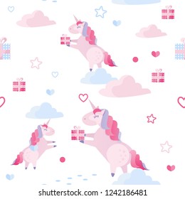 Cute vector seamless pattern unicorn, clouds, hearts, gift boxes on white background. Holiday template for St Valentines day with festive flat cartoon vector elements. Wrapping, fabric, print design.