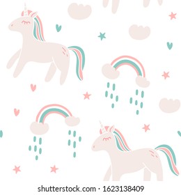 Cute vector seamless pattern with unicorn. Beautiful childish design with clouds, rain, hearts and stars. Child pattern un doodle style. Fox textile, decor, children books