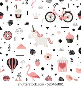 Cute vector seamless pattern with unicorn. All elements are  hidden under mask. Pattern are not cropped and can be edited.