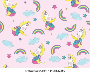 Cute vector seamless pattern with unicorns and rainbows and clouds.