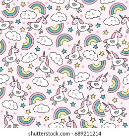 Cute vector seamless pattern with unicorns and rainbows.