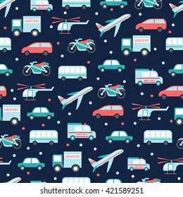 Cute vector seamless pattern with various types of transport vehicles- plane, helicopter, cars, ambulance, track, motorcycle. Navy isolated background. Print for paper or textile, wallpaper, web etc.