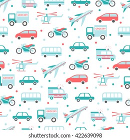 Cute vector seamless pattern with various types of transport vehicles - plane, helicopter, cars, ambulance, track, motorcycle. White isolated background. Great print for paper, web or textile.