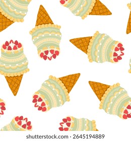 Vetor bonito padrão sem emenda com vintage sorvete de bolo desenhado à mão cone coberto com morangos. Estilo giz de cera, perfeito para embalagem, bens de festa, envoltório de presente, uso digital