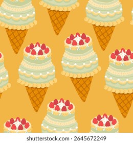 Cute vector seamless pattern with vintage hand-drawn cake ice cream cone topped with strawberries. Chalk crayon style, perfect for packaging, party goods, gift wrap, digital use