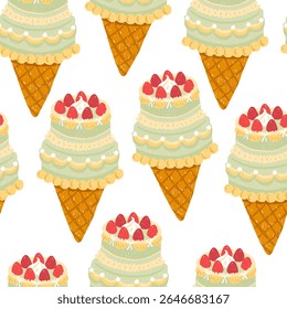 Cute vector seamless pattern with vintage hand-drawn cake ice cream cone topped with strawberries. Chalk crayon style, Single dessert to take away.