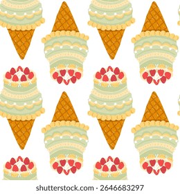 Vetor bonito padrão sem emenda com vintage sorvete de bolo desenhado à mão cone coberto com morangos. Estilo giz de cera, perfeito para embalagem, bens de festa, envoltório de presente, uso digital